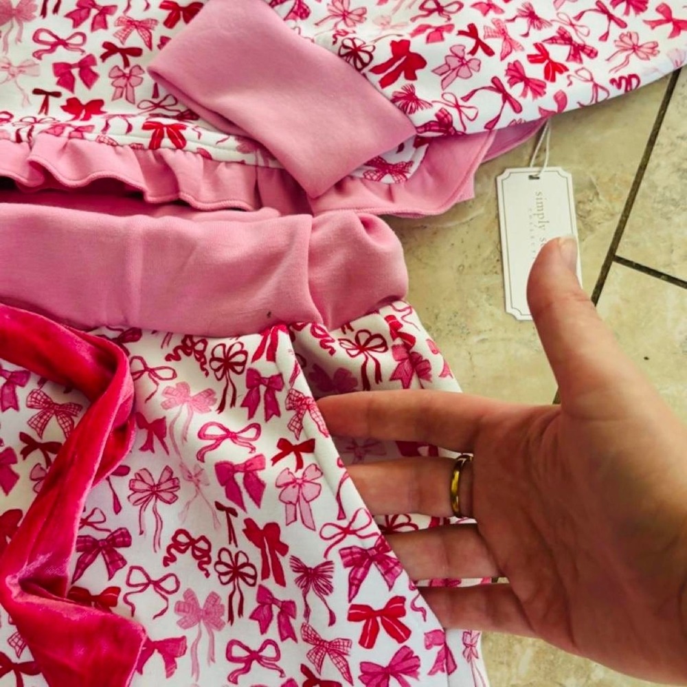 Simply Southern Pink White Bow Print Ruffle Pajama Lounge Set Women Large NEW - Picture 4 of 7